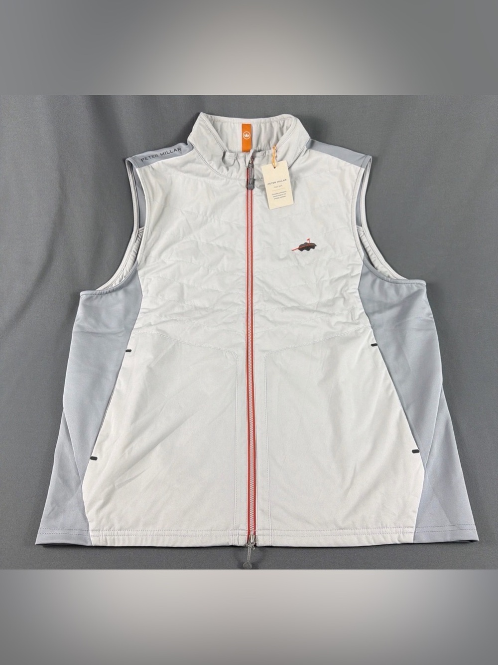 Peter Millar Golf Vest Chest Logo CS Fuse Elite Full Zip Large Gray MSRP $200
